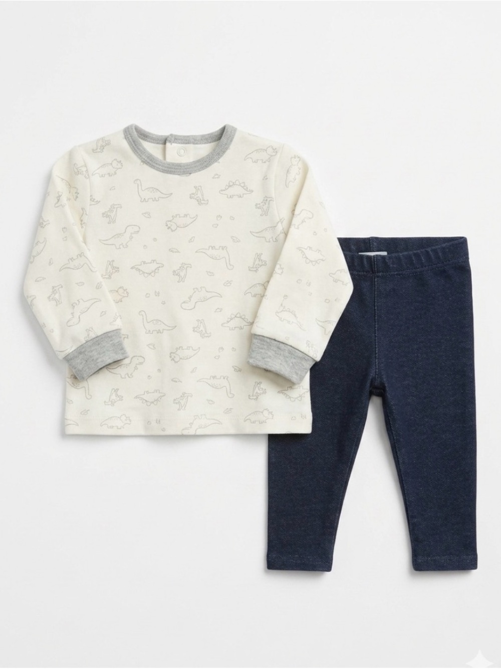 Little Me White and Gray Dinosaur Top with Denim Leggings separates